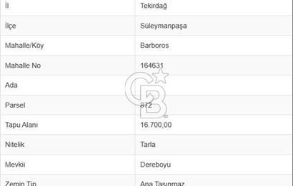 Tekirdağ Süleymanpaşa Barbaros Mah. Satılık 16700 m² Arsa