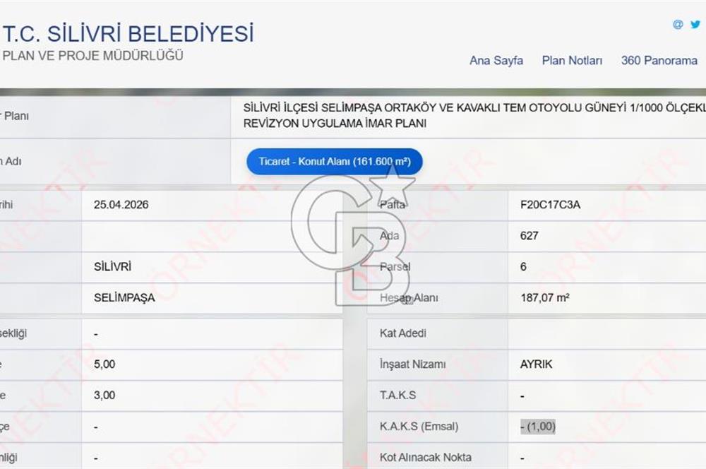 SİLİVRİ SELİMPAŞA'DA 187 M2 1 EMSAL İMARLI KONUT + TİCARİ ARSA