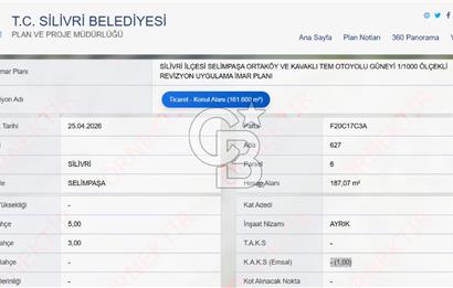 SİLİVRİ SELİMPAŞA'DA 187 M2 1 EMSAL İMARLI KONUT + TİCARİ ARSA
