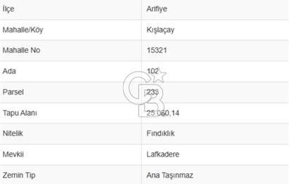 SAKARYA ARİFİYE KIŞLAÇAYDA SATILIK 12.030 M2 FINDIKLIK/ TARLA