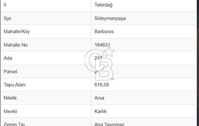 Tekirdağ Süleymanpaşa Barbaros Mah. Satılık 616.08 m² Arsa