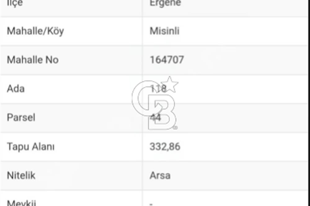 TEKİRDAĞ ERGENE MİSİNALİ DE 332 M² İFRAZLI 3 KAT İMARLI ARSA