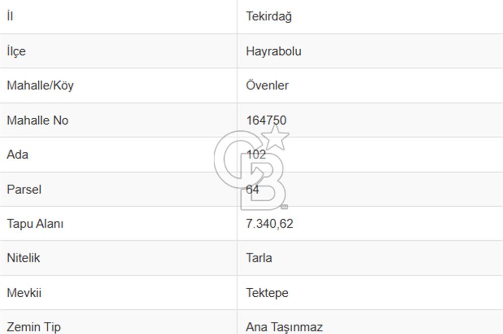 TEKİRDAĞ HAYRABOLU ÖVENLER'DE 7.340 m² TEK TAPU SATILIK TARLA