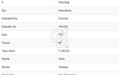 TEKİRDAĞ HAYRABOLU ÖVENLER'DE 7.340 m² TEK TAPU SATILIK TARLA
