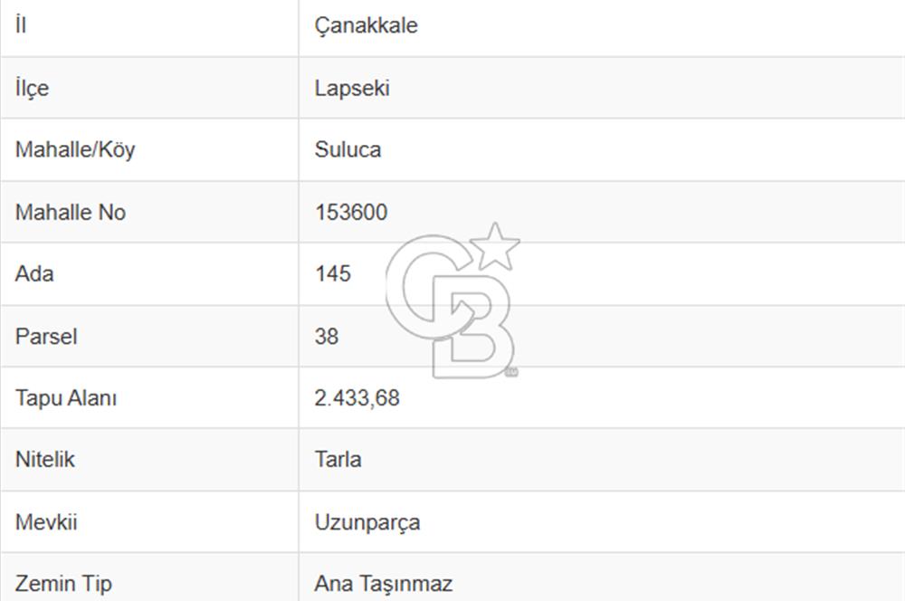 LAPSEKİ SULUCADA YOLA CEPHELİ 2.434 M² SATILIK TARLA