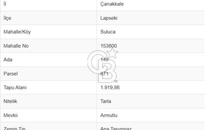 LAPSEKİ SULUCA’DA 1.920 m² SATILIK TARLA