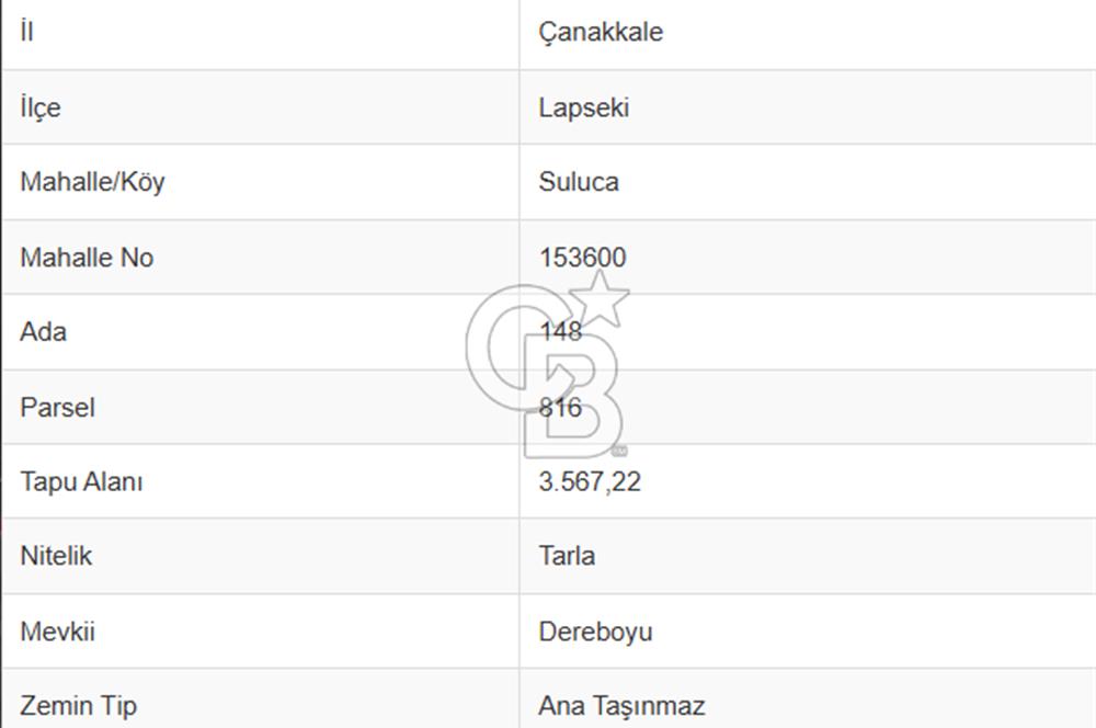 LAPSEKİ SULUCADA 3.567 M² SATILIK TARLA