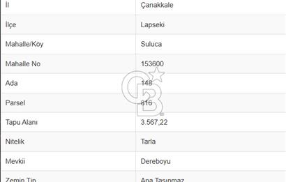 LAPSEKİ SULUCADA 3.567 M² SATILIK TARLA
