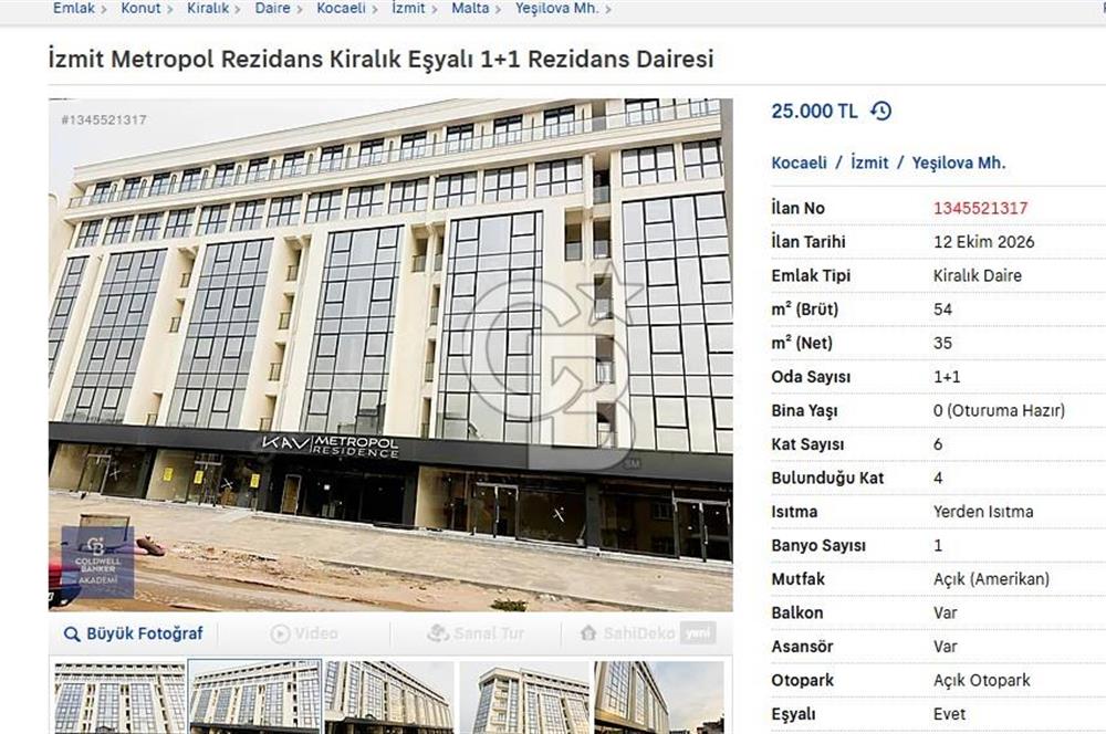 İzmit Metropol Rezidans Kiralık Eşyalı 1+1 Rezidans Dairesi