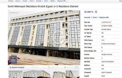 İzmit Metropol Rezidans Kiralık Eşyalı 1+1 Rezidans Dairesi