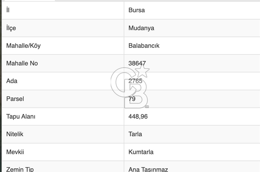 Bursa Mudanya Balabancık'ta 448,96 m² Müstakil Tapulu Tarla