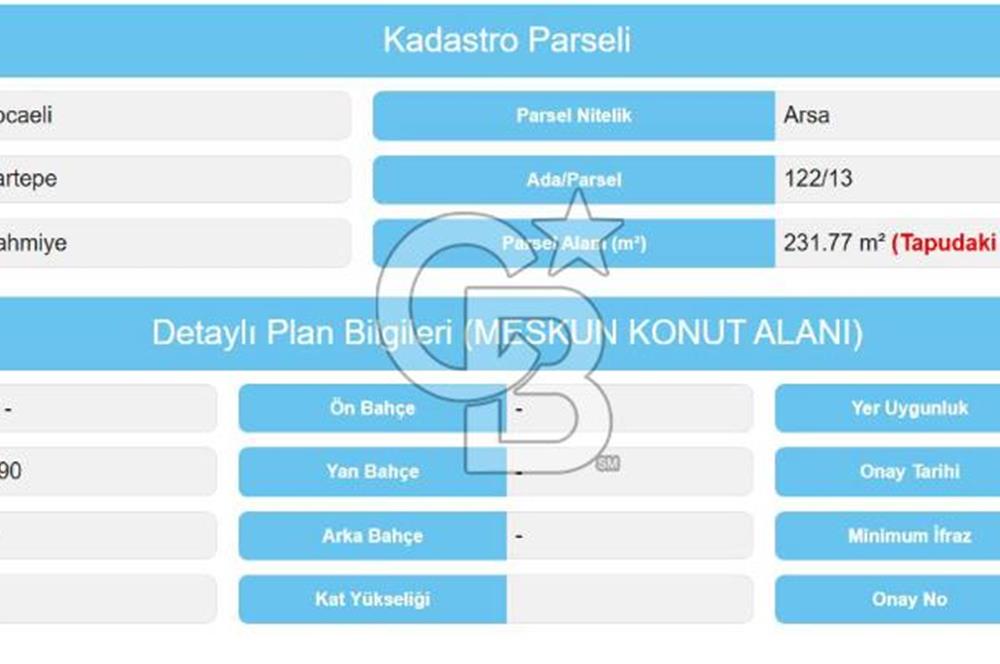 KARTEPE RAHMİYE MAHALLESİ FIRSAT 231 M² SATILIK ARSA