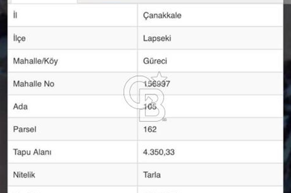 LAPSEKİ GÜRECİ KÖYÜNE YAKIN 4305 MT2 TEK TAPU ARSA