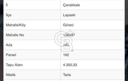 LAPSEKİ GÜRECİ KÖYÜNE YAKIN 4305 MT2 TEK TAPU ARSA