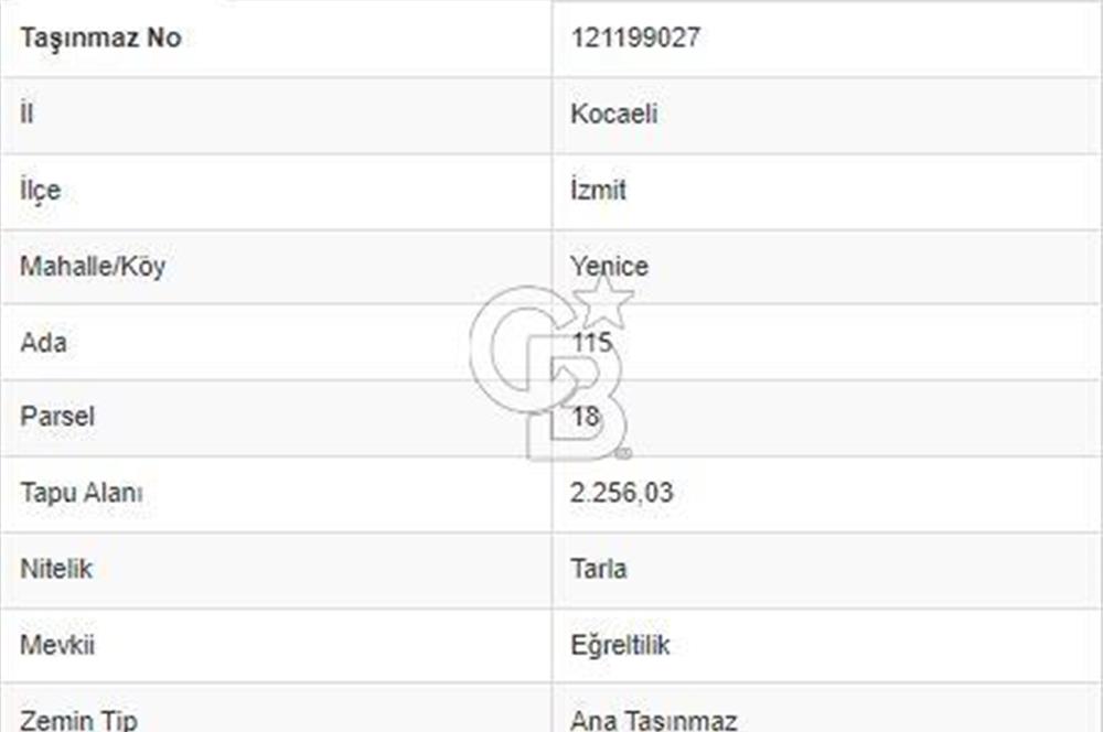 TEK TAPU TARLA - İzmit Yenice Eğreltilik Mevkiinde Satılık Tarla