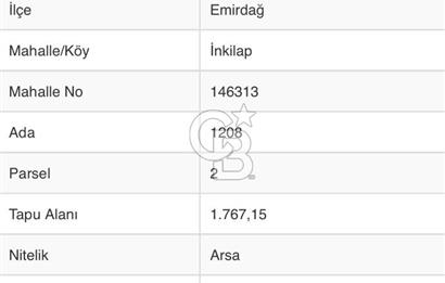 CB CITY'DEN EMİRDAĞ İNKİLAP MAHALLESİNDE SATILIK ARSA
