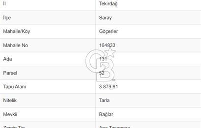 Tekirdağ Saray Göçerlerde 3879 m2 Satılık Fırsat Tarla!