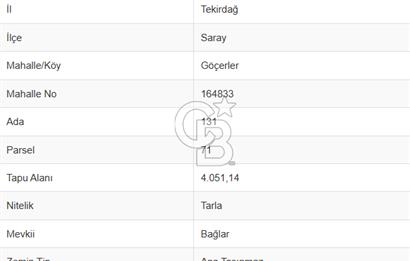 Tekirdağ Saray Göçerlerde 4051 m2 Satılık Fırsat Tarla!