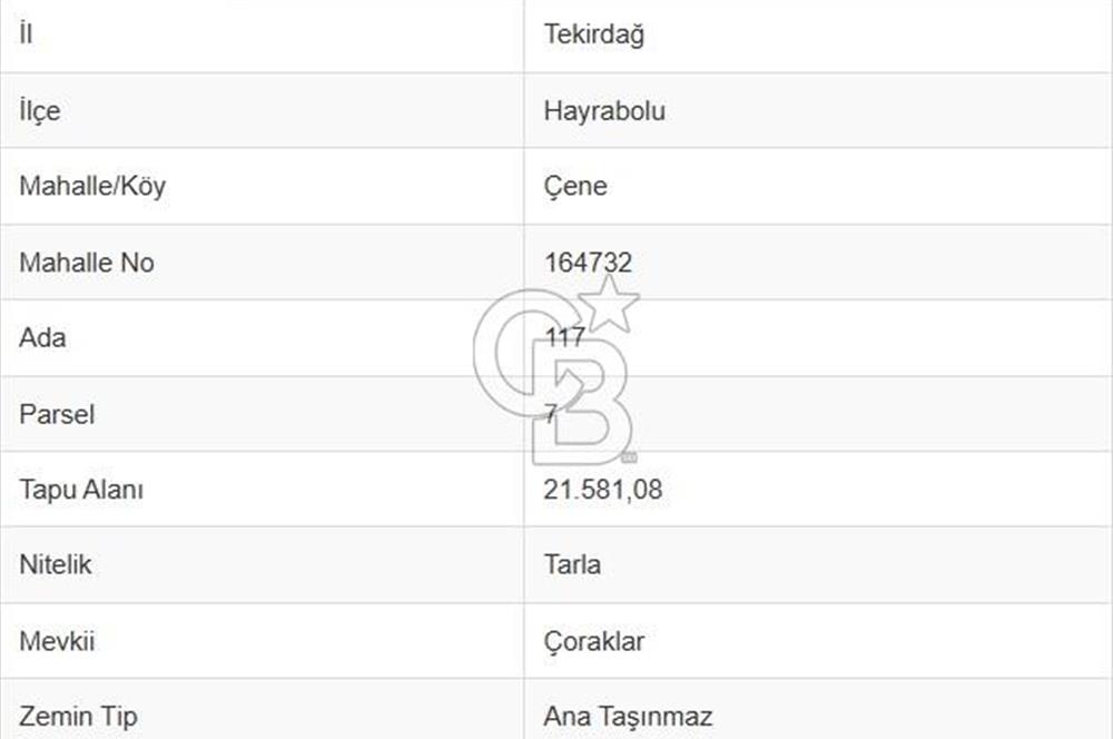 Tekirdağ Hayrabolu Çene Mahallesi Satılık 21.581,08m² Tarla