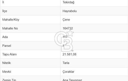 Tekirdağ Hayrabolu Çene Mahallesi Satılık 21.581,08m² Tarla