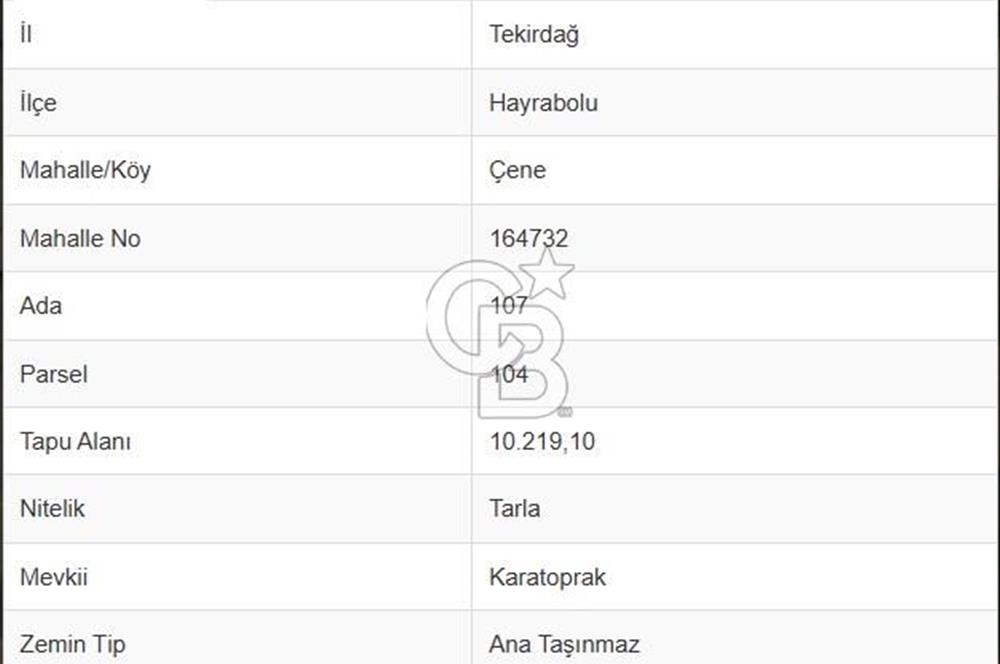 Tekirdağ Hayrabolu Çene Mahallesi Satılık 10.219,10 m² Tarla